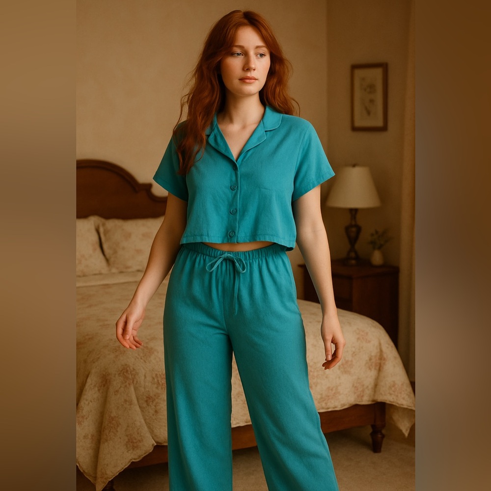 Muk Luks Teal Lounge Pajama Set XL Button Top & Drawstring Pants